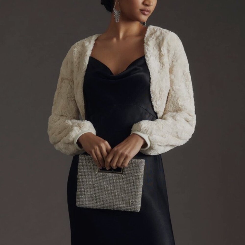 Maeve by Anthropologie Cream Long Sleeve Lined Faux Fur Shrug